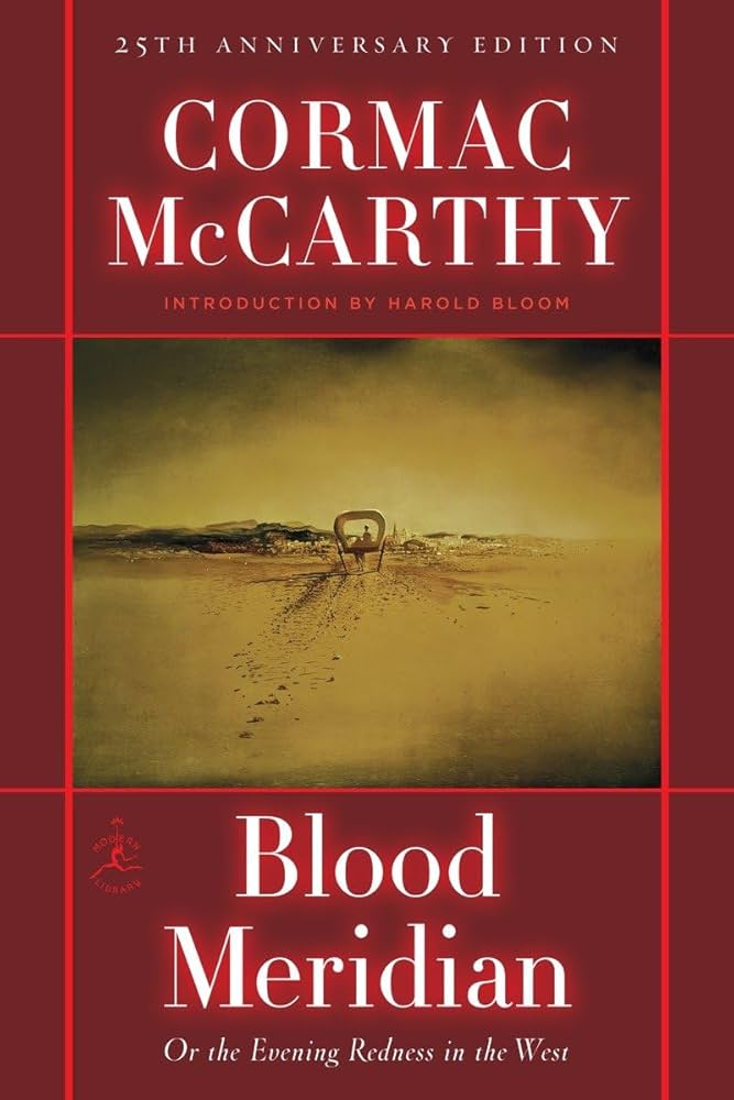 Blood Meridian,” written by Cormac McCarthy, follows the journey of a nameless teenage protagonist referred to as “the Kid,” as he joins a violent group of Indian-hunters led by the enigmatic and ruthless Judge Holden. Set in the mid-19th century, the story explores themes of violence, manifest destiny, and the nature of humanity against the backdrop of the American West.

The Kid’s journey is marked by brutality as he witnesses and participates in horrific acts of violence. The gang travels through the harsh landscapes of Texas and Mexico, clashing with Indigenous people and encountering a wide array of characters, each symbolizing different aspects of humanity. The character of Judge Holden is central to the narrative, acting as both a philosophical antagonist and a personification of violent dualities. 

The novel is known for its unflinching prose, vivid imagery, and philosophical undertones, particularly regarding the inextricable link between violence and civilization. Ultimately, “Blood Meridian” serves as a meditative work on the bloodshed of American history, provoking questions about morality and the human condition.